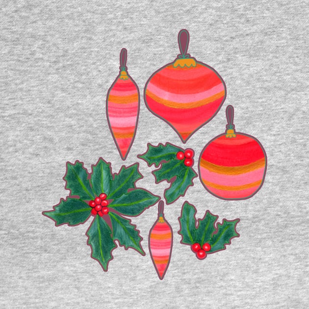 Striped Ornaments and Holly by MitaDreamDesign